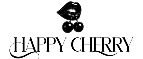 Logo of 'Happy Cherry' with black lips holding cherries on a white background